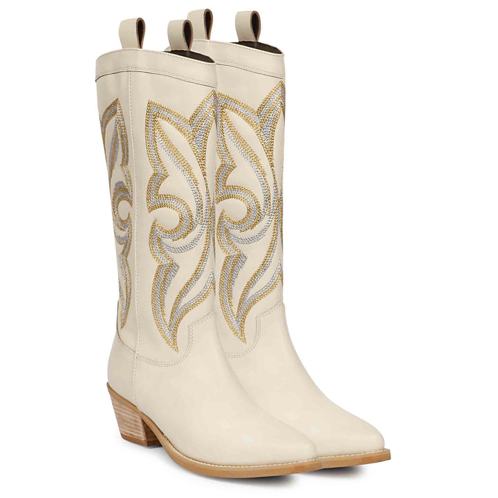 Saint Martina Off White Stitched Leather Cowboy Boots