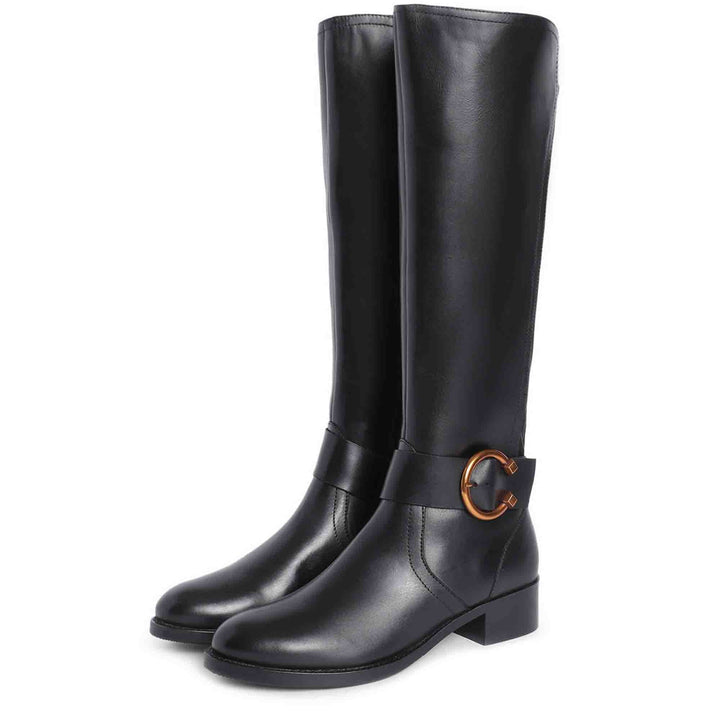 Saint Marisa Gold Buckle Decorative Black Leather Long Boots