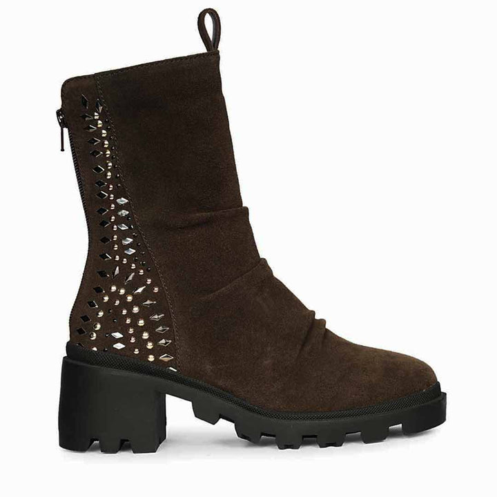 Saint Celestia Brown Leather Crystal High Ankle Boots
