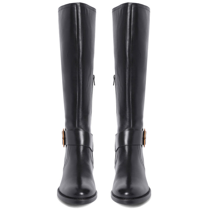 Saint Marisa Gold Buckle Decorative Black Leather Long Boots