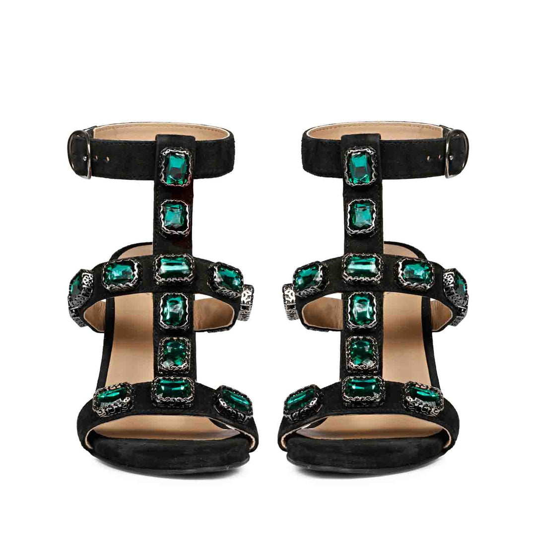 Saint Shirley Heels: Black Leather, Stylish Green Stone Embellishments