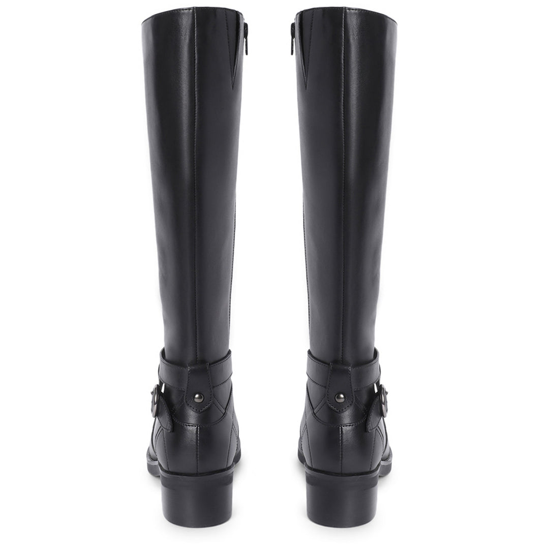 Saint Hermione Buckle Wrap Strap Black Leather Knee High Boots