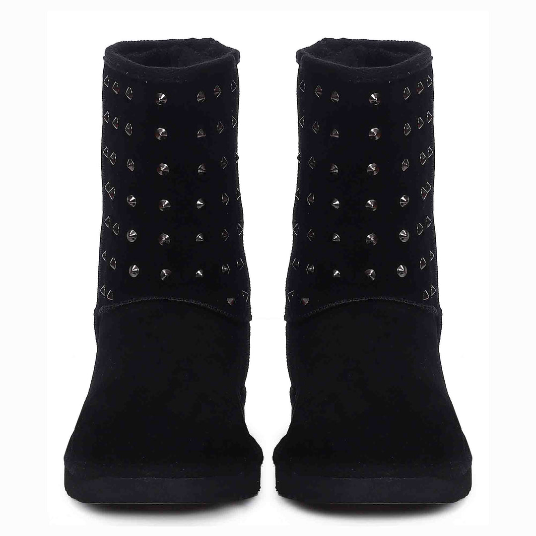 Chic and edgy Saint Estrella Metal Studded Black Suede Snug Boots – your stylish statement for a bold and comfortable stride