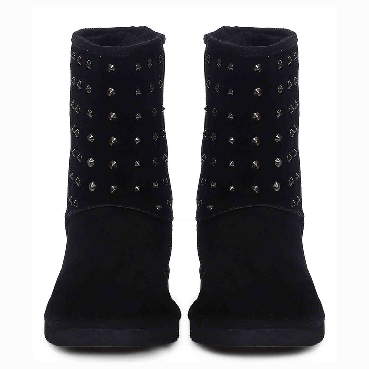 Chic and edgy Saint Estrella Metal Studded Black Suede Snug Boots – your stylish statement for a bold and comfortable stride