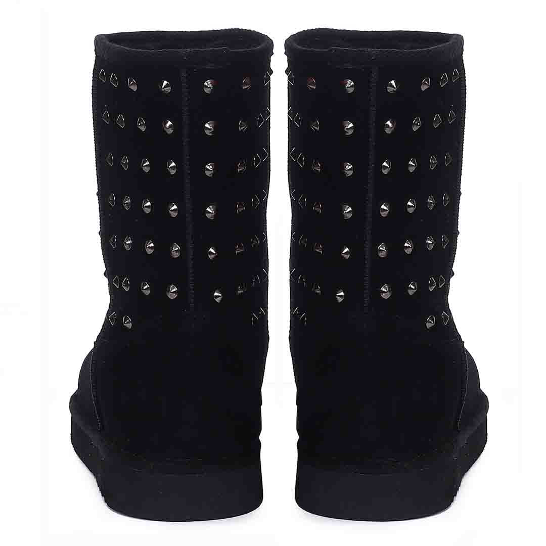 Chic and edgy Saint Estrella Metal Studded Black Suede Snug Boots – your stylish statement for a bold and comfortable stride