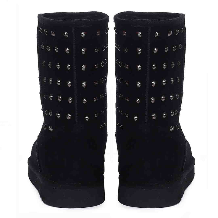 Chic and edgy Saint Estrella Metal Studded Black Suede Snug Boots – your stylish statement for a bold and comfortable stride
