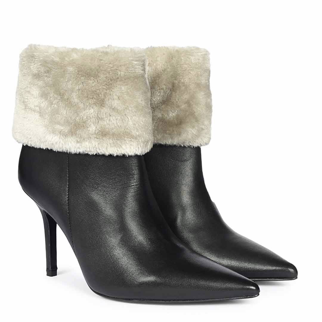 Saint Solveig Grey Fur Cuff Black Leather Ankle Boots