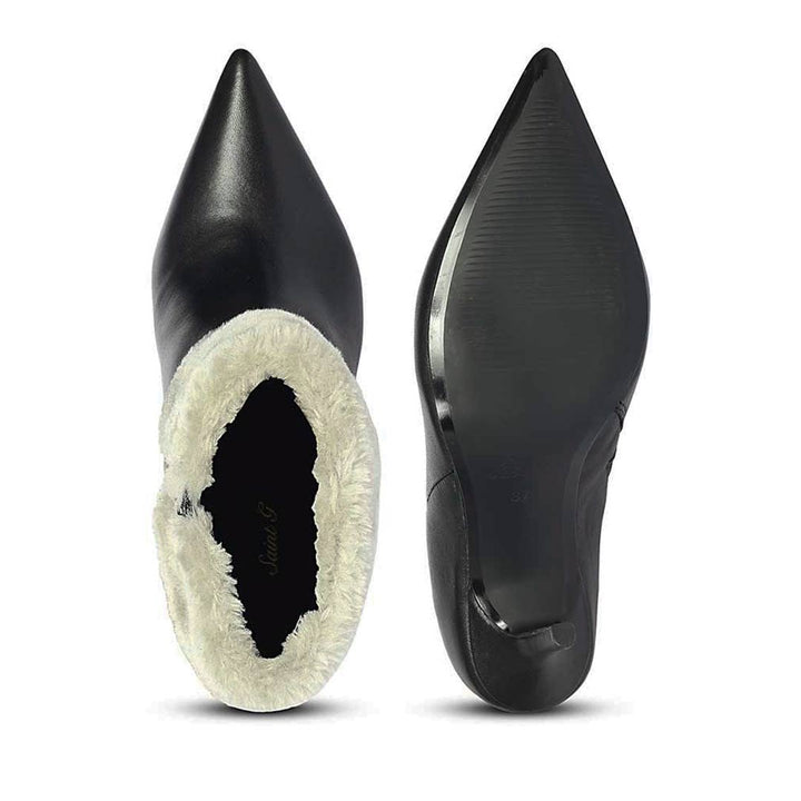 Saint Solveig Grey Fur Cuff Black Leather Ankle Boots