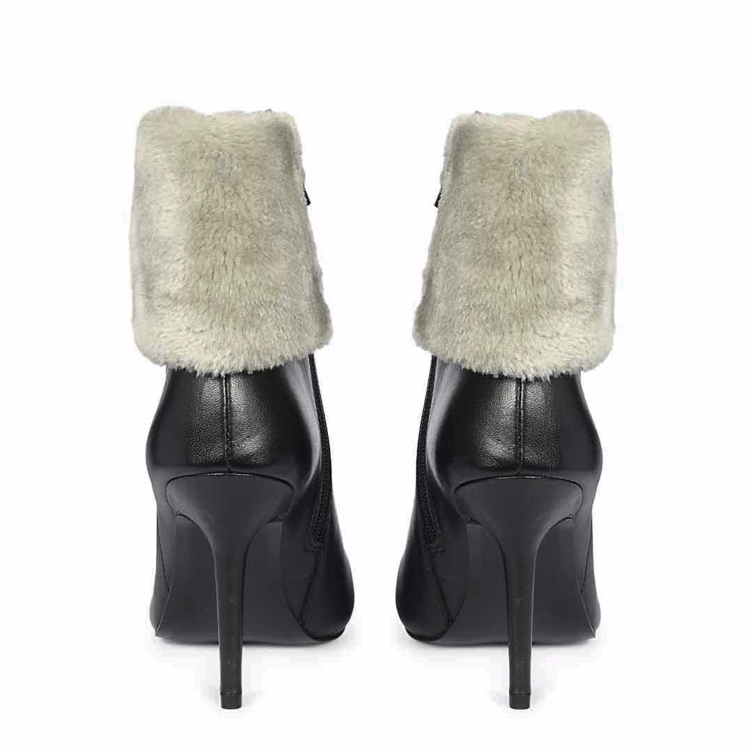 Saint Solveig Grey Fur Cuff Black Leather Ankle Boots