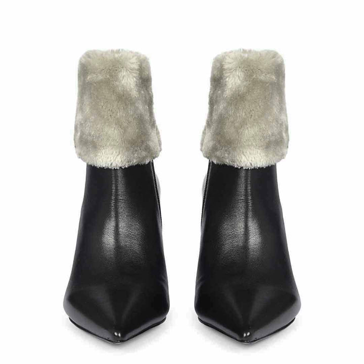 Saint Solveig Grey Fur Cuff Black Leather Ankle Boots