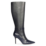 Saint Rey Buckle Decor Dark Blue Leather Stiletto Long Boots