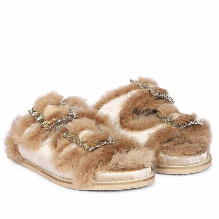 Saint Gemma Crystal Stone Buckles Beige Fur Sandals