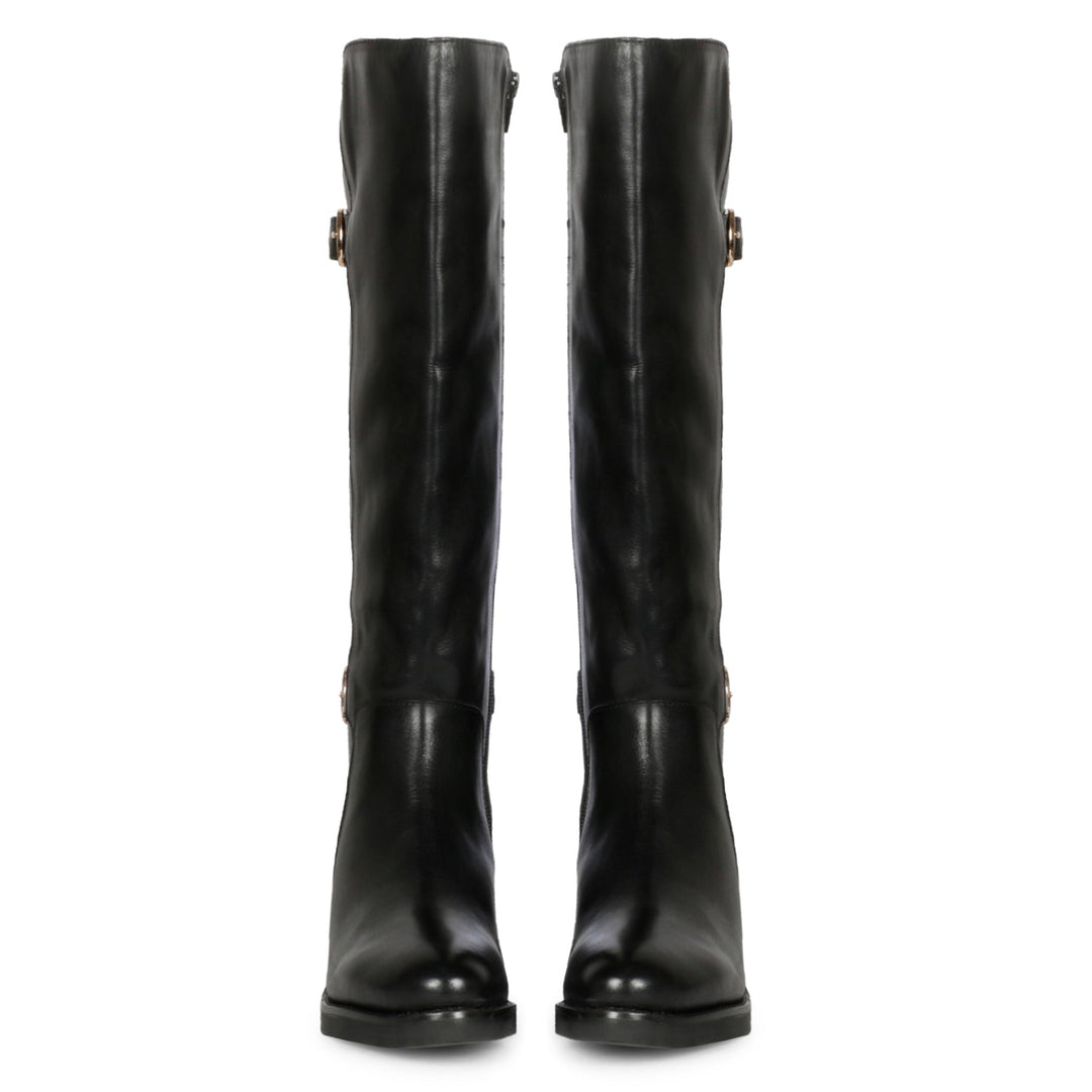 Saint Bijoy Buckle Decorative Black Leather Long Boots