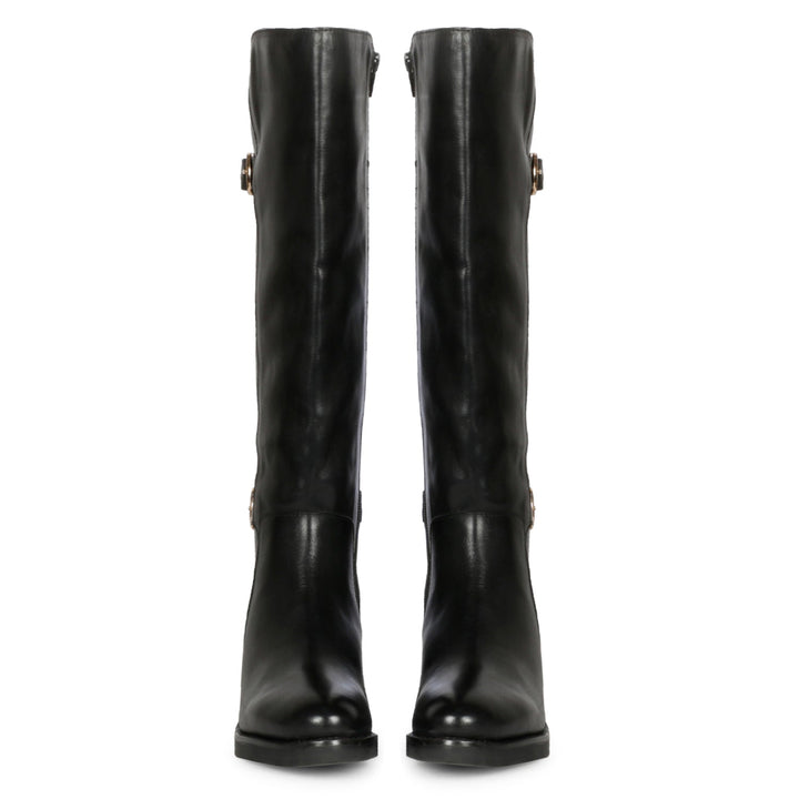 Saint Bijoy Buckle Decorative Black Leather Long Boots