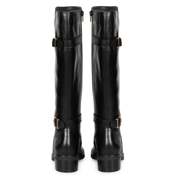 Saint Bijoy Buckle Decorative Black Leather Long Boots