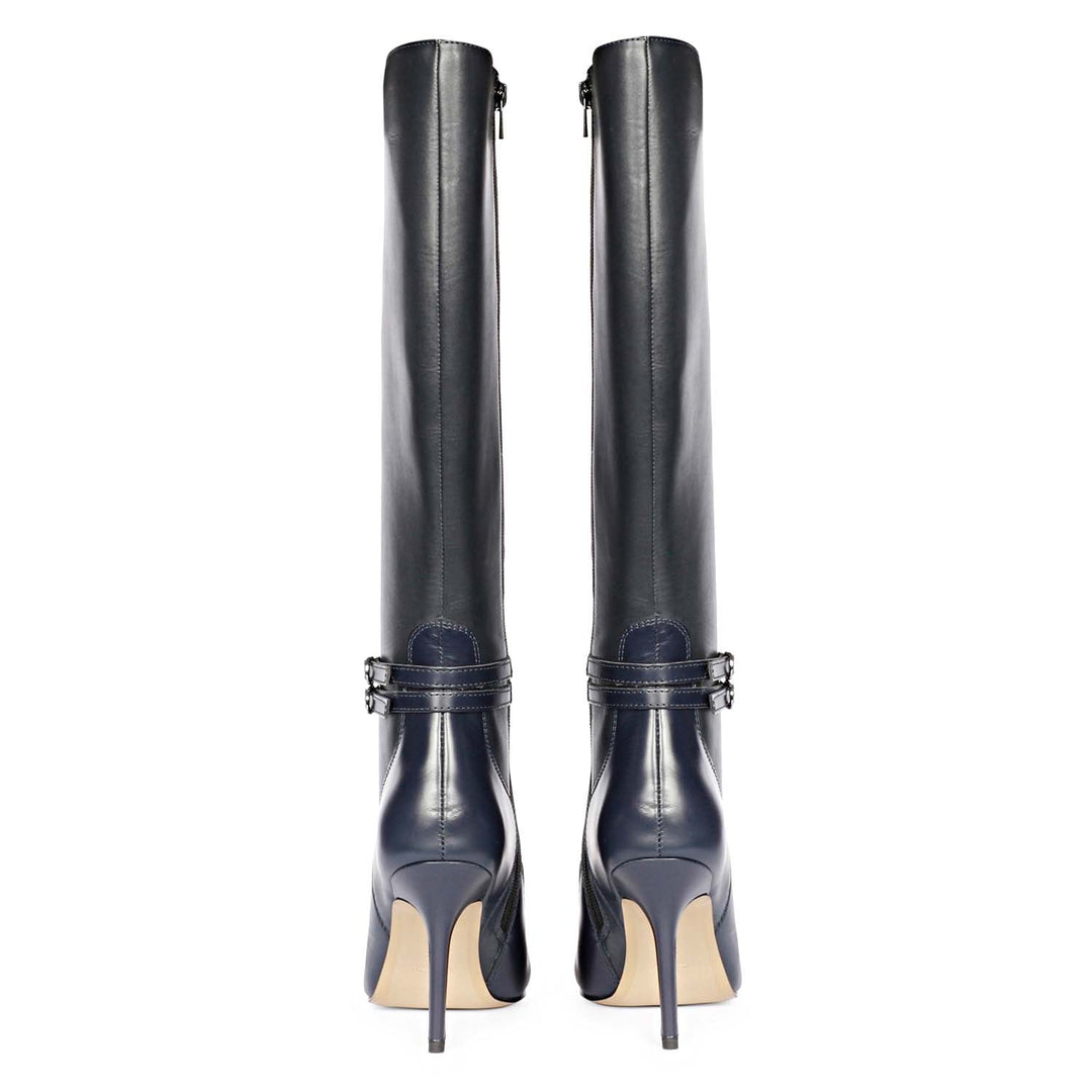 Saint Rey Buckle Decor Dark Blue Leather Stiletto Long Boots