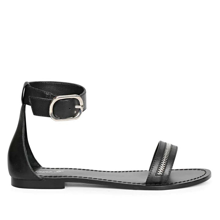 Saint Donelle Zip Decor Black Leather Sandals