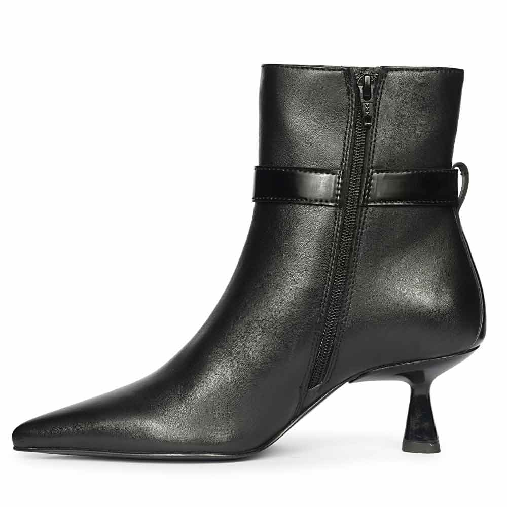Black ankle boot with smooth leather finish, inner side zipper, pointed toe, and sculpted kitten heel