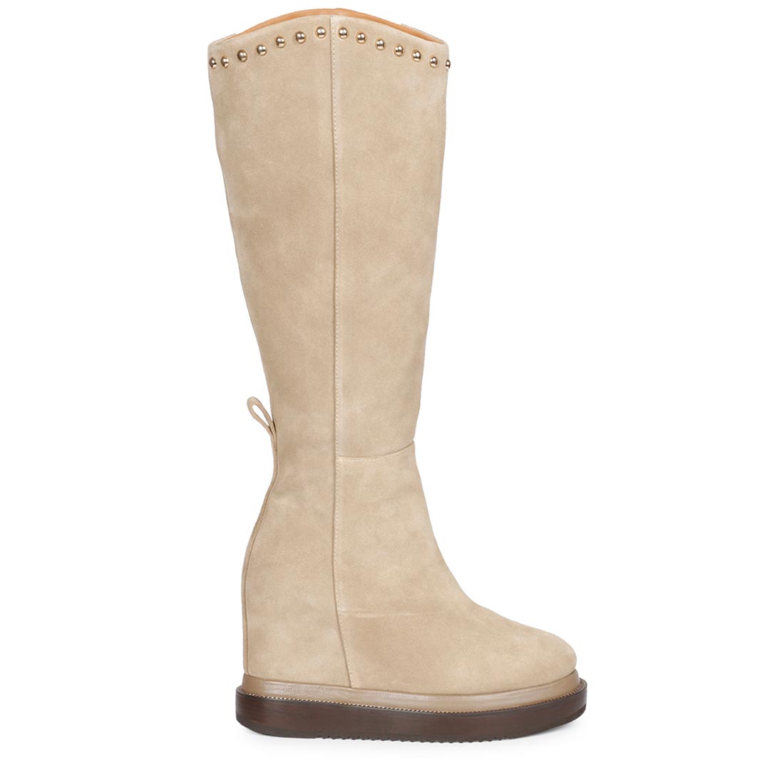 Womens ivory suede studded wedge long boots, side view