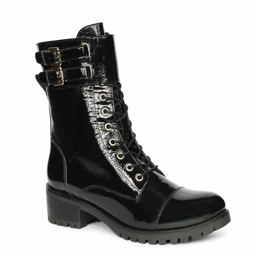 Saint Alba Black Crinkle Patent Leather Lace Up High Ankle Boots