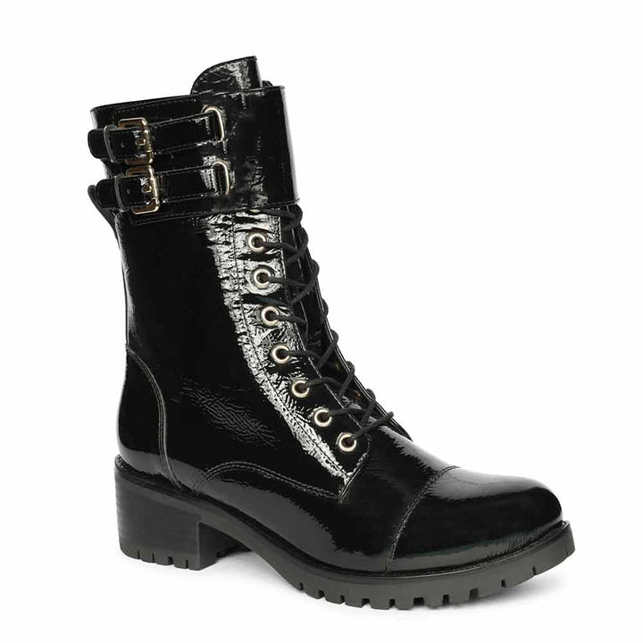 Saint Alba Black Crinkle Patent Leather Lace Up High Ankle Boots