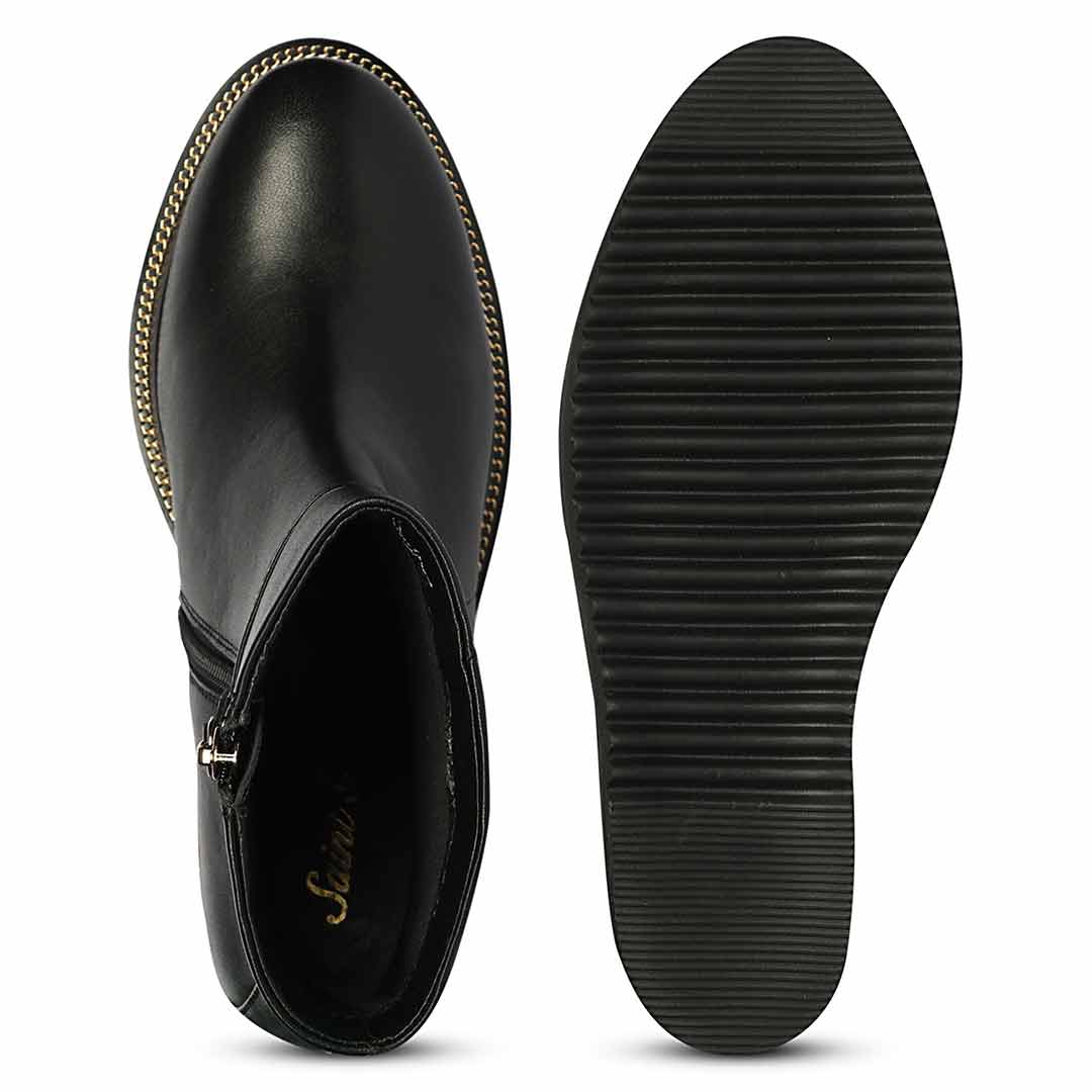 Sole and inside wedge of womens black leather ankle boots