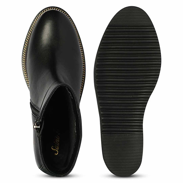 Sole and inside wedge of womens black leather ankle boots