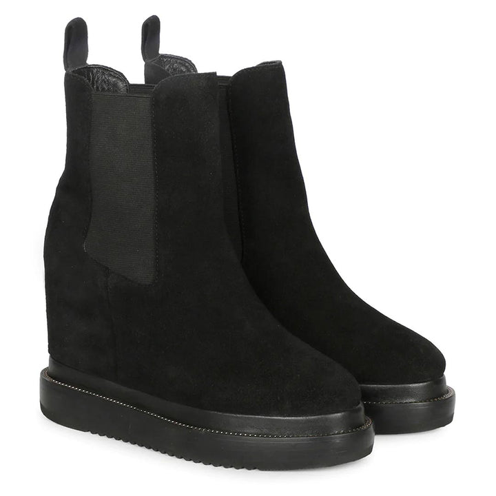 Black wedge ankle boots for women with elastic side panel, angled view