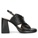 Saint Shelby Black Cross-Over Woven Leather Block Heels.