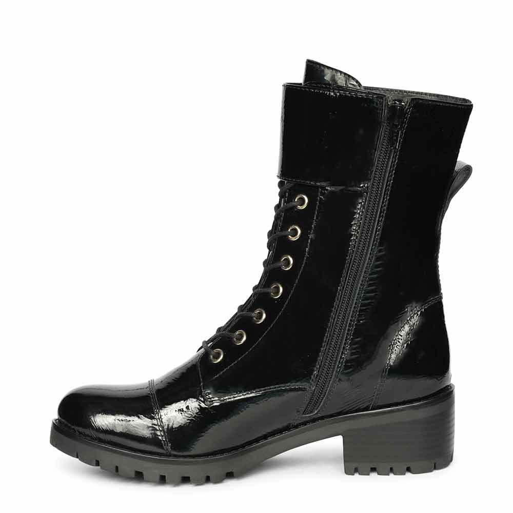 Saint Alba Black Crinkle Patent Leather Lace Up High Ankle Boots