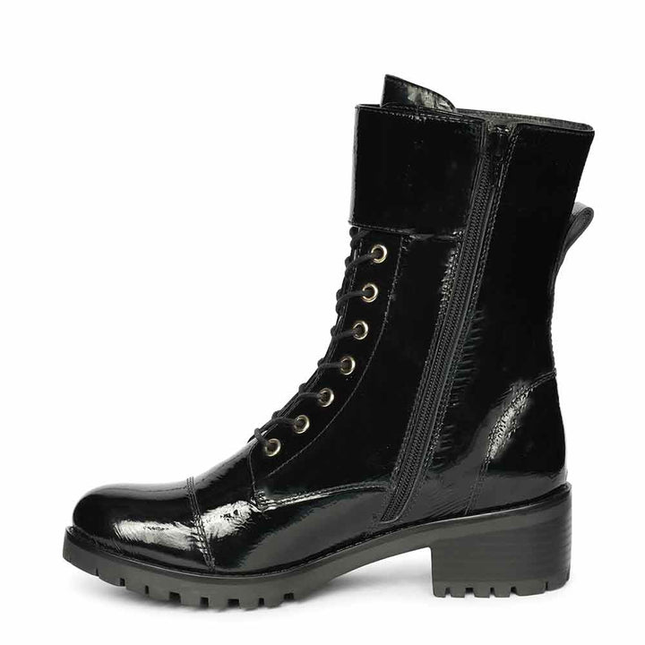 Saint Alba Black Crinkle Patent Leather Lace Up High Ankle Boots