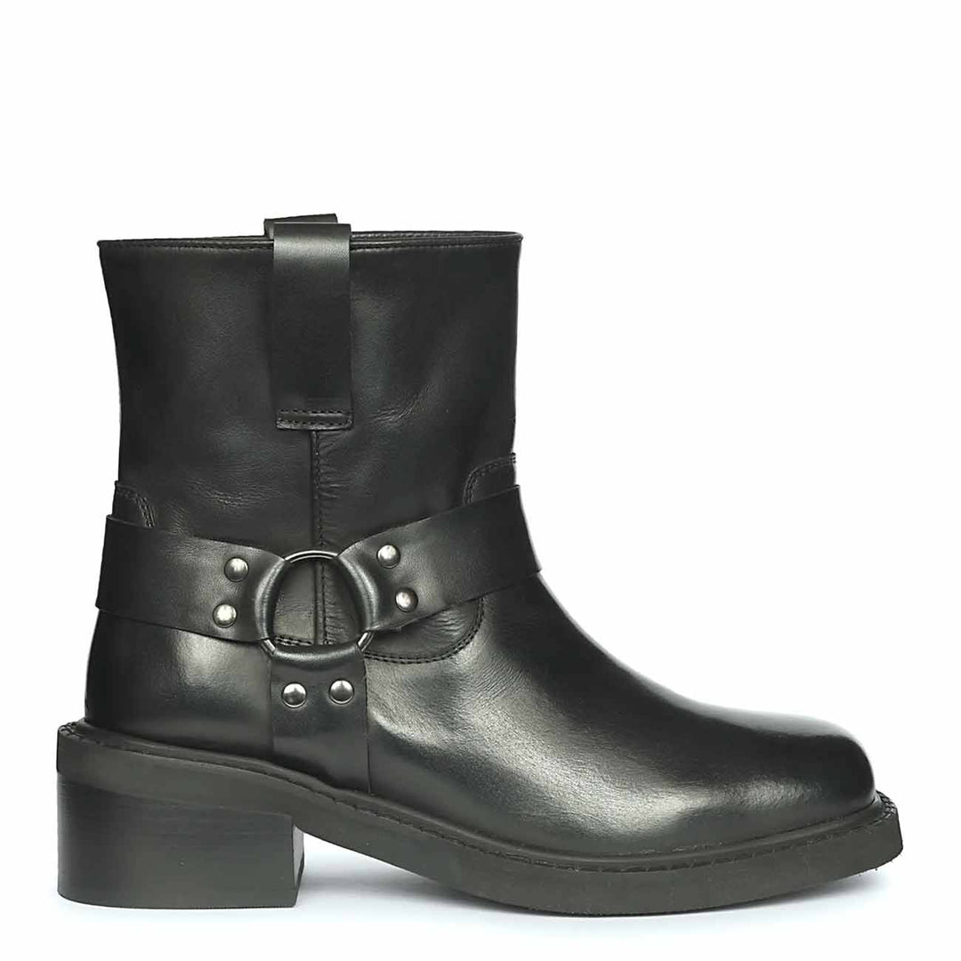 Womens Black leather high ankle boot with rounded toe, low block heel, and an O-ring strap detail