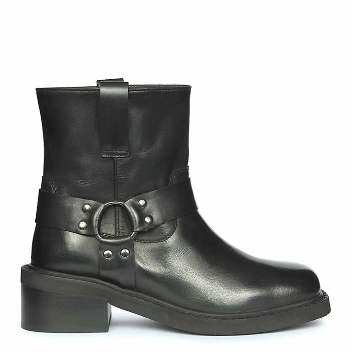 Womens Black leather high ankle boot with rounded toe, low block heel, and an O-ring strap detail
