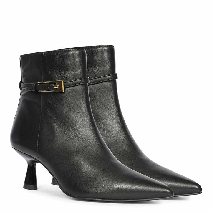 Saint Darcie Buckle Decor Black Leather Ankle Boots