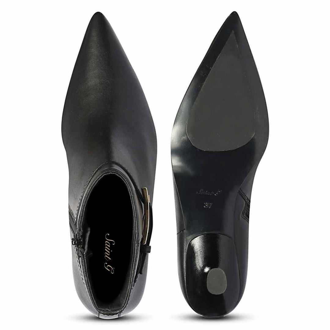 Saint Darcie Buckle Decor Black Leather Ankle Boots