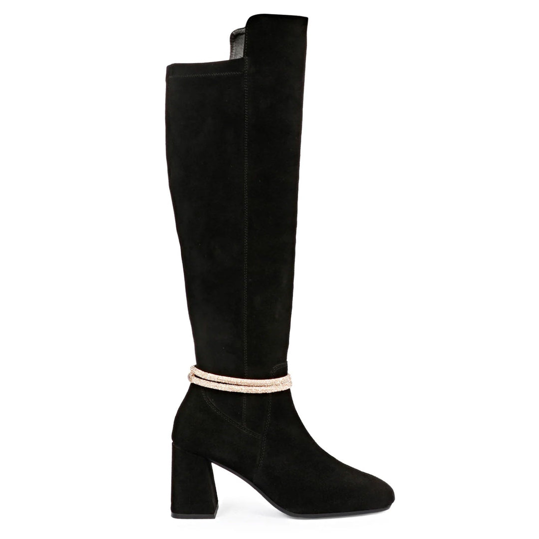 Saint Lumina Golden Cord String Black Leather Knee High Boots