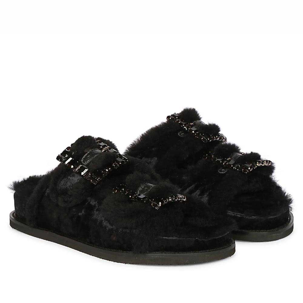 Saint Gemma Crystal Buckle Black Fur Snug Sandals