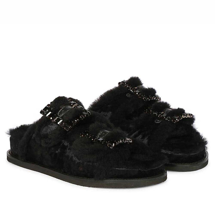 Saint Gemma Crystal Buckle Black Fur Snug Sandals