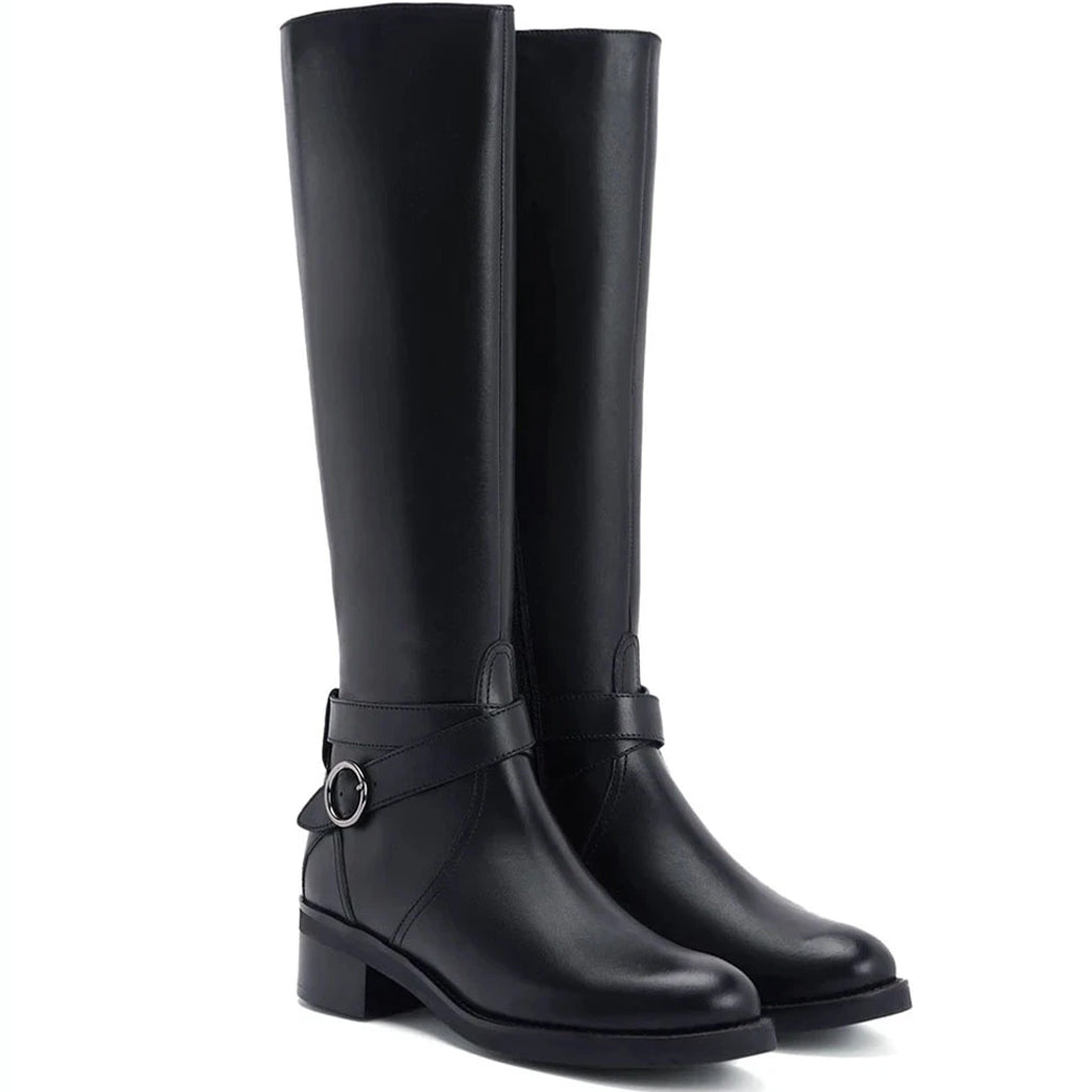 Saint Hermione Buckle Wrap Strap Black Leather Knee High Boots