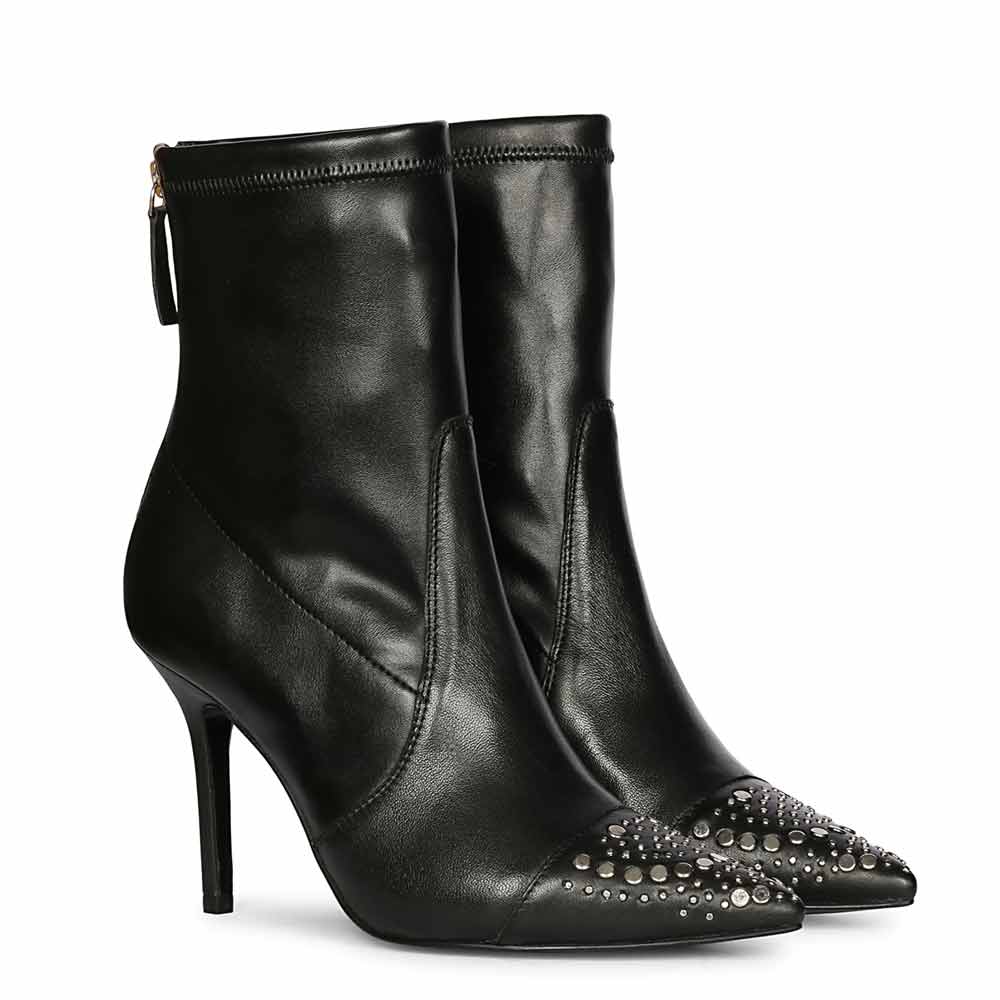 Saint Estrella Studded Stretch Black Napa Stiletto Ankle Boots