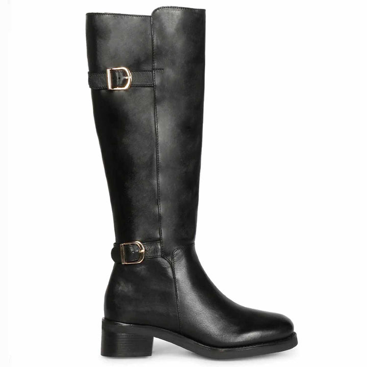 Saint Bijoy Buckle Decorative Black Leather Long Boots