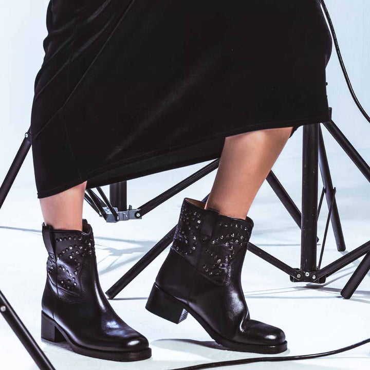 Saint Orly Black Leather Studded High Ankle Boots