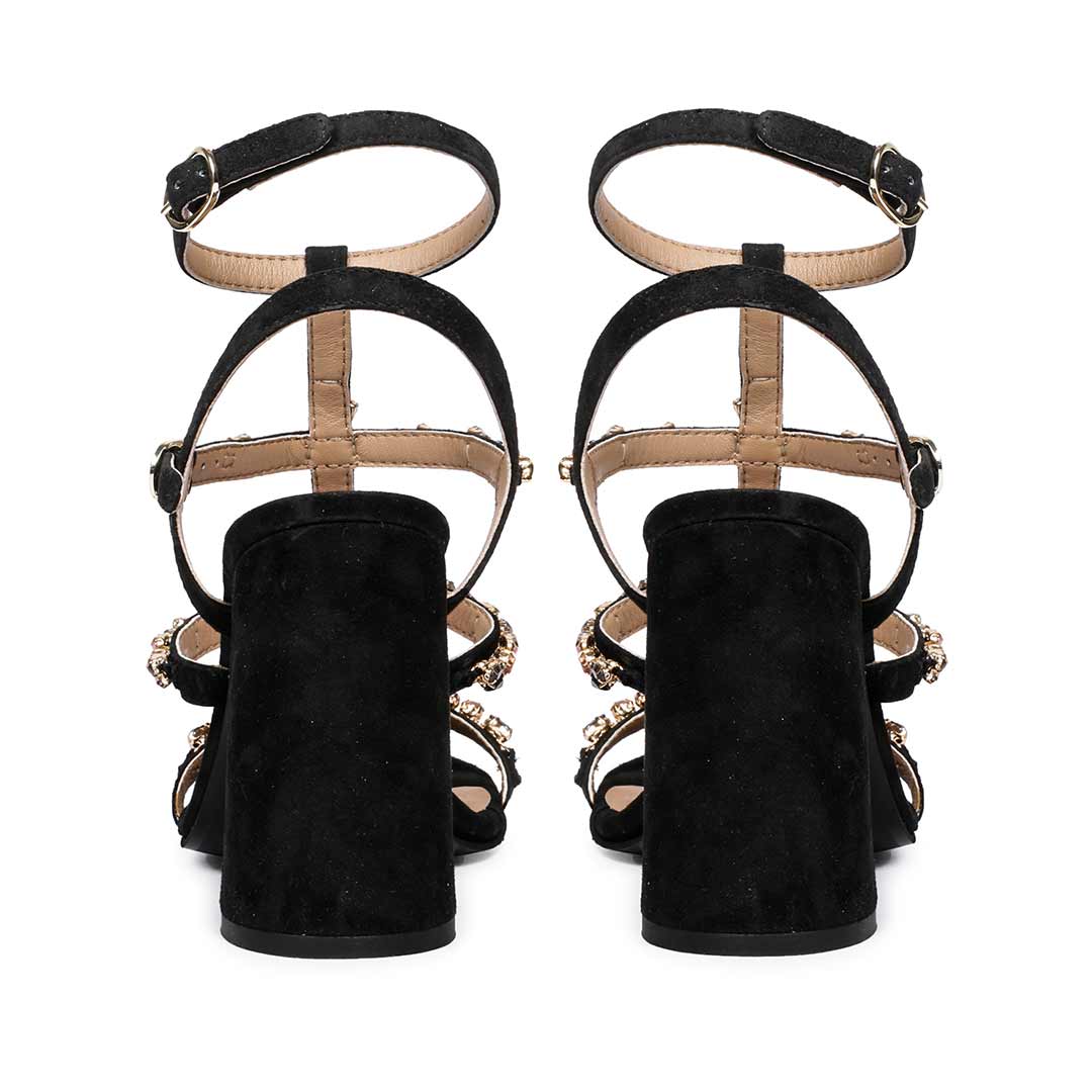 Saint Gretel Multi Stone Embellished Black Leather Cage Block Heels