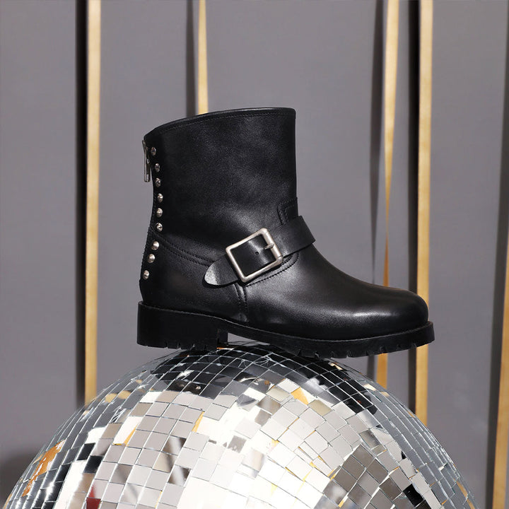 Marcella Metal Studded Black Leather Ankle Boot.