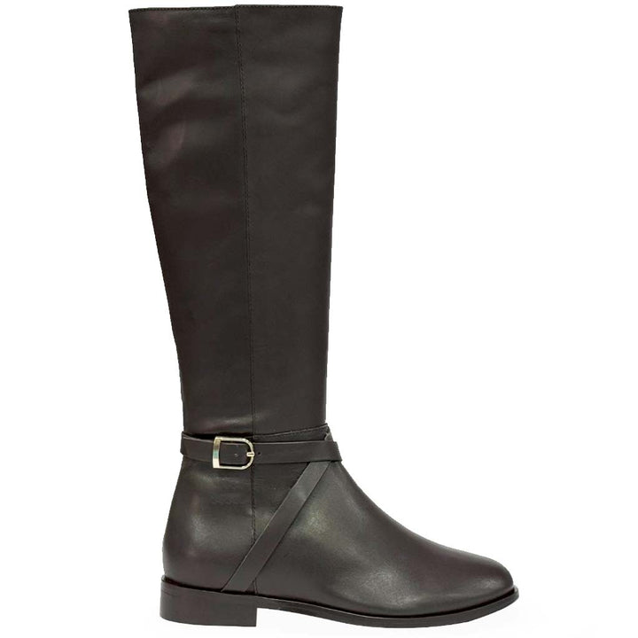 Saint Damaris Dark Brown Leather Buckle Decor Knee High Boots