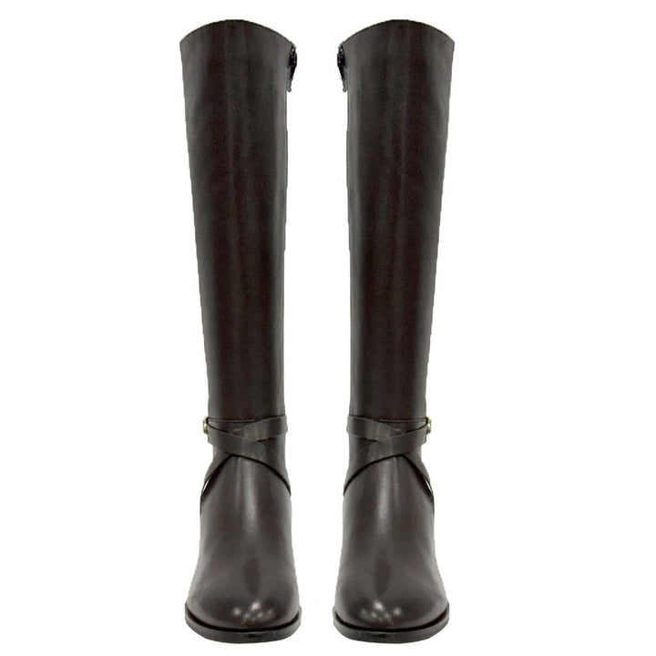 Saint Damaris Dark Brown Leather Buckle Decor Knee High Boots