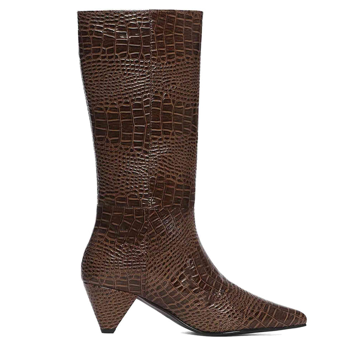 Saint Enora Croco Embossed Brown Calf Length Boots