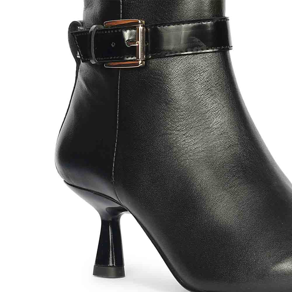 Saint Alondra Buckle Decor Black Leather Kitten Heel Boots
