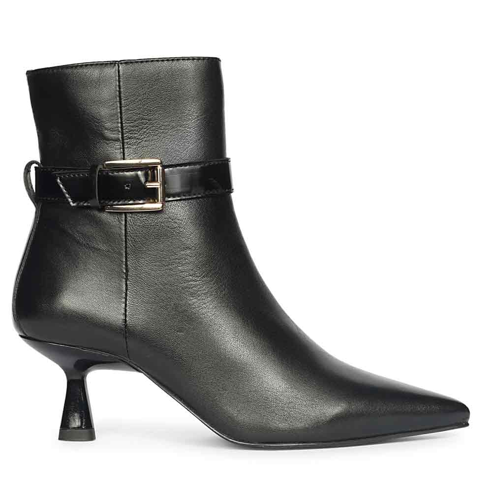 Saint Alondra Buckle Decor Black Leather Kitten Heel Boots