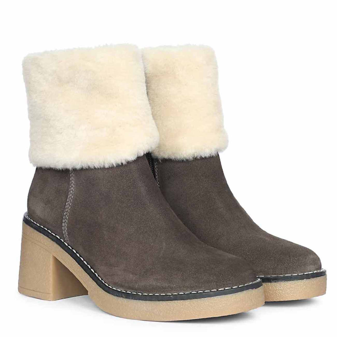 Saint Glacienne Charcoal Suede Leather Fur Cuff Ankle Boots